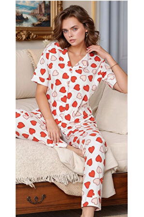 Kadın Ekru & Kırmızı Pamuklu Kalp Desenli Patlı Pijama Takımı