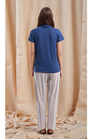 Kadın İndigo Kısa Kol Desenli Pamuklu Modal Pijama Takımı Q9P0K5C7K