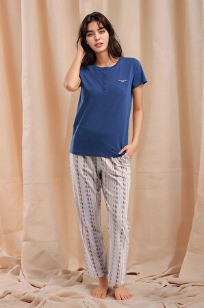 Kadın İndigo Kısa Kol Desenli Pamuklu Modal Pijama Takımı Q9P0K5C7K