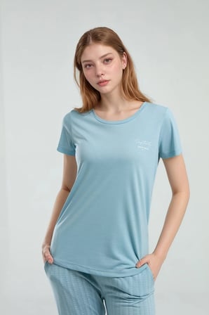 Kadın Kısa Kol Geniş Yaka Mavi Viskon Pijama Takımı Q9P0K0C8K