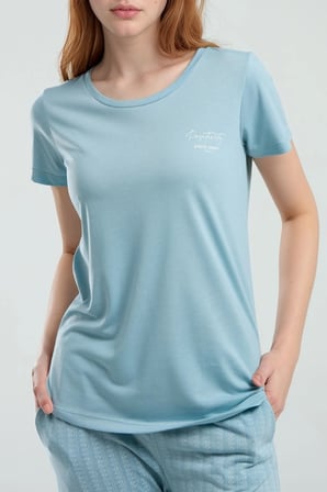 Kadın Kısa Kol Geniş Yaka Mavi Viskon Pijama Takımı Q9P0K0C8K