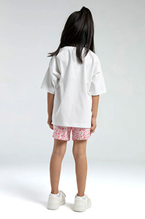 Kız Çocuk Beyaz %100 Pamuklu Bermuda Takım