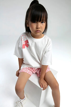 Kız Çocuk Beyaz %100 Pamuklu Bermuda Takım