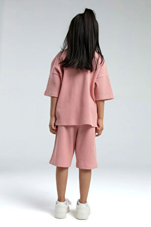 Kız Çocuk Retro Pembe %100 Pamuklu Pike Kumaş Şort Takım