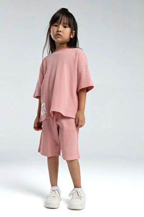 Kız Çocuk Retro Pembe %100 Pamuklu Pike Kumaş Şort Takım