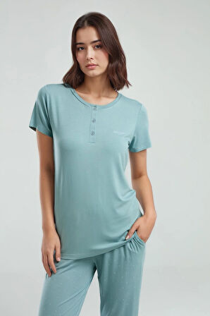 Kadın Su Yeşili Düğmeli Kısa Kol Desenli Pamuklu Viskon Pijama Takımı Q8P9K8C5K