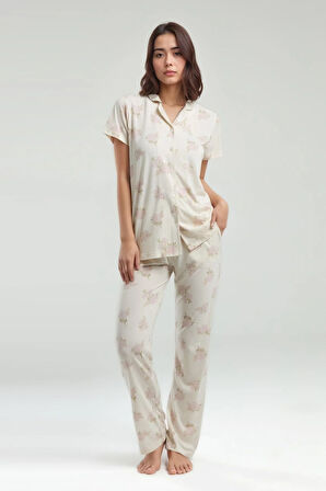 Kadın Önden Düğmeli Kısa Kol Desenli Pamuklu Viskon Pijama Takımı Q90P0K0C7K