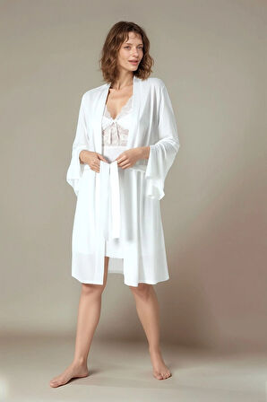 Kadın Ekru Penye Gelin 6'lı Çeyiz Seti Sabahlık & Gecelik & Pijama Şortlu Takım Q9U6O2K0KKA