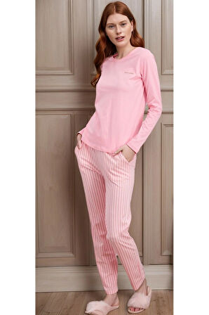 Kadın Pembe Çizgili Bisiklet Yaka Kısa Kol %100 Pamuklu Pijama Takımı Q9.PKI.8RK77