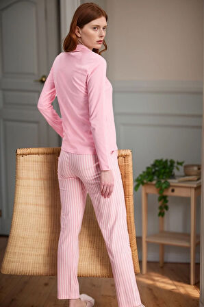 Kadın Pembe Çizgili Bisiklet Yaka Kısa Kol %100 Pamuklu Pijama Takımı Q9.PKI.8RK77