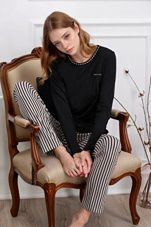 Kadın Siyah Çizgili Bisiklet Yaka Kısa Kol %100 Pamuklu Pijama Takımı Q9.PKI.8RK77