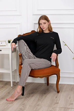 Kadın Siyah Çizgili Bisiklet Yaka Kısa Kol %100 Pamuklu Pijama Takımı Q9.PKI.8RK77