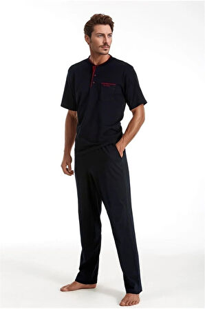 %100 Pamuklu Lacivert Kutulu 4'lü Erkek Çeyiz Pijama Takımı (1 Çift Çorap Hediyeli) 6PQI4EKR8RKE1.4L