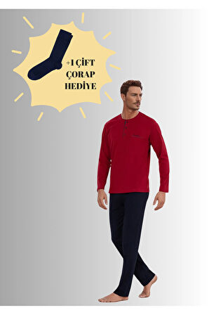 %100 Pamuklu Bordo Kutulu Erkek Çeyiz Pijama Takımı (1 Çift Çorap Hediyeli) 6PQI5EKR6RKE5.3L