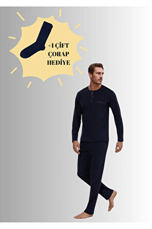%100 Pamuklu Lacivert Kutulu Erkek Çeyiz Pijama Takımı (1 Çift Çorap Hediyeli) 6PQI5EKR6RKE5.3L