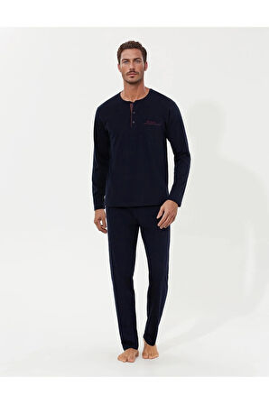 %100 Pamuklu Lacivert Kutulu Erkek Çeyiz Pijama Takımı (1 Çift Çorap Hediyeli) 6PQI5EKR6RKE5.3L