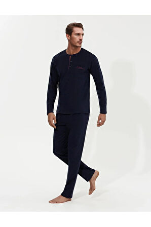 %100 Pamuklu Lacivert Kutulu Erkek Çeyiz Pijama Takımı (1 Çift Çorap Hediyeli) 6PQI5EKR6RKE5.3L
