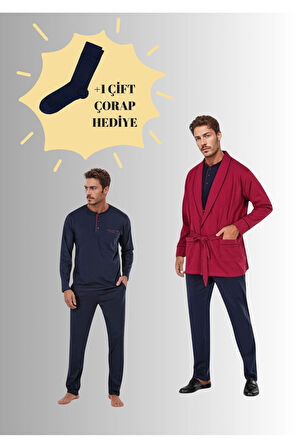 Robdöşambırlı Pijama Takımı 3'lü Kutulu Damat Çeyiz Seti (1 Çift Çorap Hediyeli) 6PQI7EKR1RKE6.4L