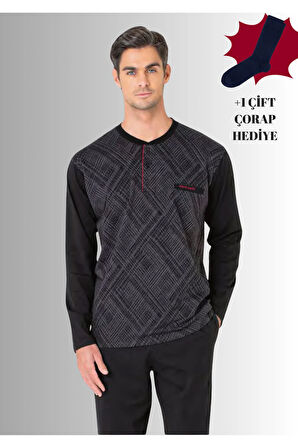 %100 Pamuklu Yarım Patlı Uzun Kol Düz Paça Jakarlı Pijama Takımı (Çorap Hediyeli)