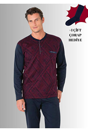 %100 Pamuklu Yarım Patlı Uzun Kol Düz Paça Jakarlı Pijama Takımı (Çorap Hediyeli)