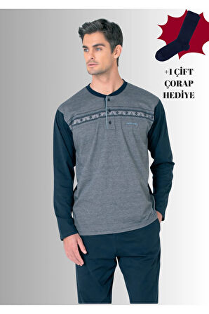 %100 Pamuklu Yarım Patlı Uzun Kol Düz Paça Jakarlı Pijama Takımı (Çorap Hediyeli)