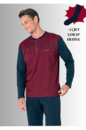 %100 Pamuklu Yarım Patlı Uzun Kol Düz Paça Jakarlı Pijama Takımı (Çorap Hediyeli)