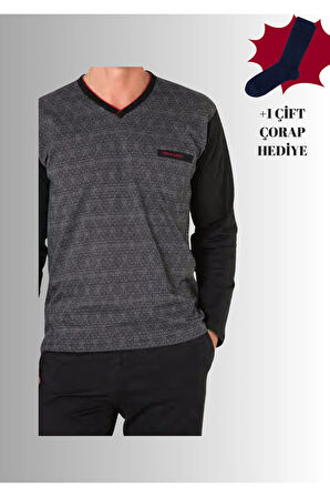 %100 Pamuklu V Yaka Uzun Kol Düz Paça Jakarlı Pijama Takımı (Çorap Hediyeli)