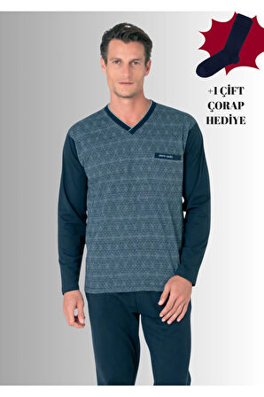 %100 Pamuklu V Yaka Uzun Kol Düz Paça Jakarlı Pijama Takımı (Çorap Hediyeli)