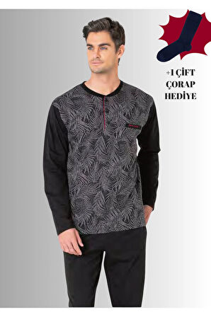 %100 Pamuklu Yarım Patlı Uzun Kol Düz Paça Jakarlı Pijama Takımı (Çorap Hediyeli)