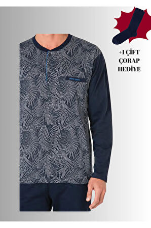 %100 Pamuklu Yarım Patlı Uzun Kol Düz Paça Jakarlı Pijama Takımı (Çorap Hediyeli)