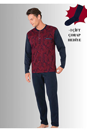 %100 Pamuklu Yarım Patlı Uzun Kol Düz Paça Jakarlı Pijama Takımı (Çorap Hediyeli)