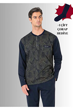 %100 Pamuklu Yarım Patlı Uzun Kol Düz Paça Jakarlı Pijama Takımı (Çorap Hediyeli)