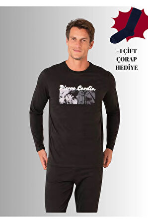 %100 Pamuklu Bisiklet Yaka Uzun Kol Düz Paça Pijama Takımı (Çorap Hediyeli)