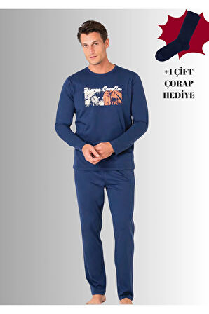 %100 Pamuklu Bisiklet Yaka Uzun Kol Düz Paça Pijama Takımı (Çorap Hediyeli)