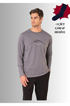 %100 Pamuklu Bisiklet Yaka Uzun Kol Düz Paça Pijama Takımı (Çorap Hediyeli)