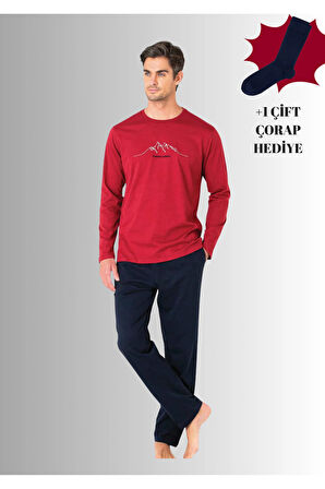 %100 Pamuklu Bisiklet Yaka Uzun Kol Düz Paça Pijama Takımı (Çorap Hediyeli)