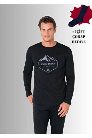 %100 Pamuklu Bisiklet Yaka Uzun Kol Düz Paça Pijama Takımı (Çorap Hediyeli)