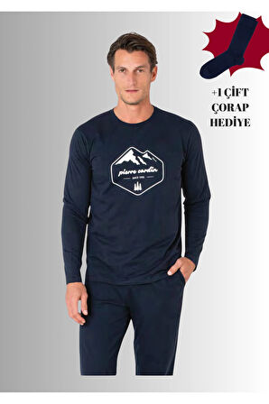 %100 Pamuklu Bisiklet Yaka Uzun Kol Düz Paça Pijama Takımı (Çorap Hediyeli)