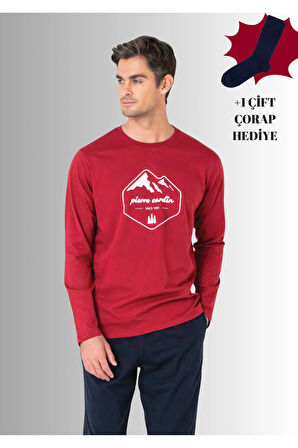 %100 Pamuklu Bisiklet Yaka Uzun Kol Düz Paça Pijama Takımı (Çorap Hediyeli)