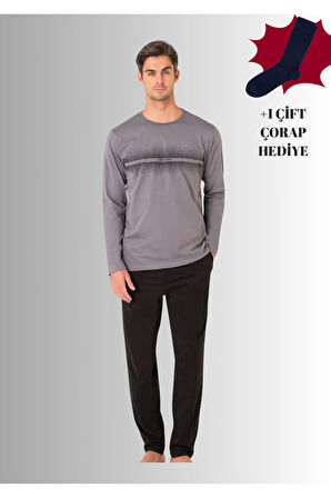 %100 Pamuklu Bisiklet Yaka Uzun Kol Düz Paça Pijama Takımı (Çorap Hediyeli)