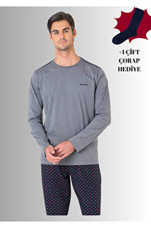 %100 Pamuklu Bisiklet Yaka Uzun Kol Düz Paça Pijama Takımı (Çorap Hediyeli)
