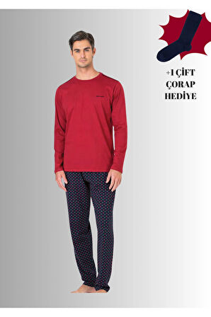%100 Pamuklu Bisiklet Yaka Uzun Kol Düz Paça Pijama Takımı (Çorap Hediyeli)