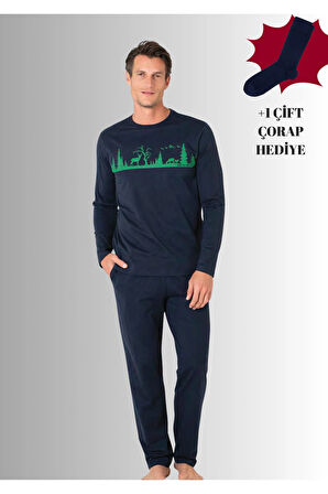 %100 Pamuklu Bisiklet Yaka Uzun Kol Düz Paça Pijama Takımı (Çorap Hediyeli)