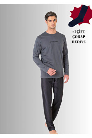 %100 Pamuklu Bisiklet Yaka Uzun Kol Düz Paça Pijama Takımı (Çorap Hediyeli)
