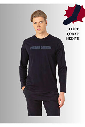 %100 Pamuklu Bisiklet Yaka Uzun Kol Düz Paça Pijama Takımı (Çorap Hediyeli)