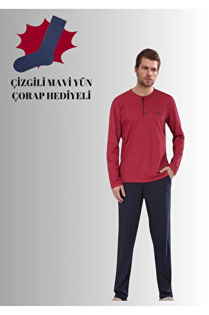 Erkek Bordo Pamuklu Likralı Penye Kutulu Erkek Çizgili Çeyizlik Pijama Takımı QP5K6E5K6R