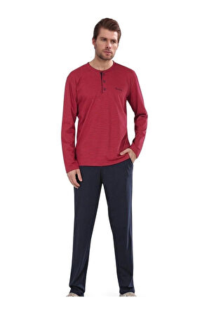 Erkek Bordo Pamuklu Likralı Penye Kutulu Erkek Çizgili Çeyizlik Pijama Takımı QP5K6E5K6R