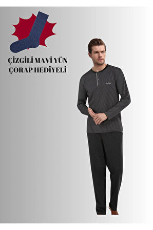 Erkek Siyah Pamuklu Likralı Penye Kutulu Erkek Çizgili Çeyizlik Pijama Takımı QP5K6E5K6R