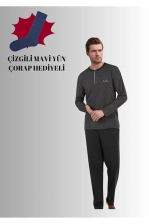 Erkek Siyah Pamuklu Likralı Penye Kutulu Erkek Çizgili Çeyizlik Pijama Takımı QP5K6E5K6R