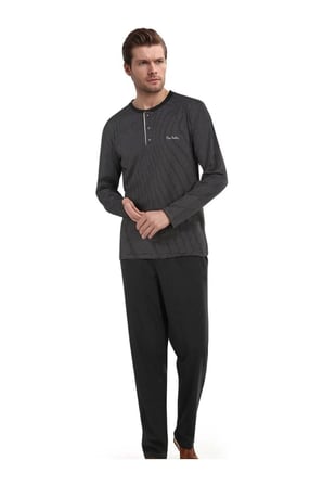 Erkek Siyah Pamuklu Likralı Penye Kutulu Erkek Çizgili Çeyizlik Pijama Takımı QP5K6E5K6R
